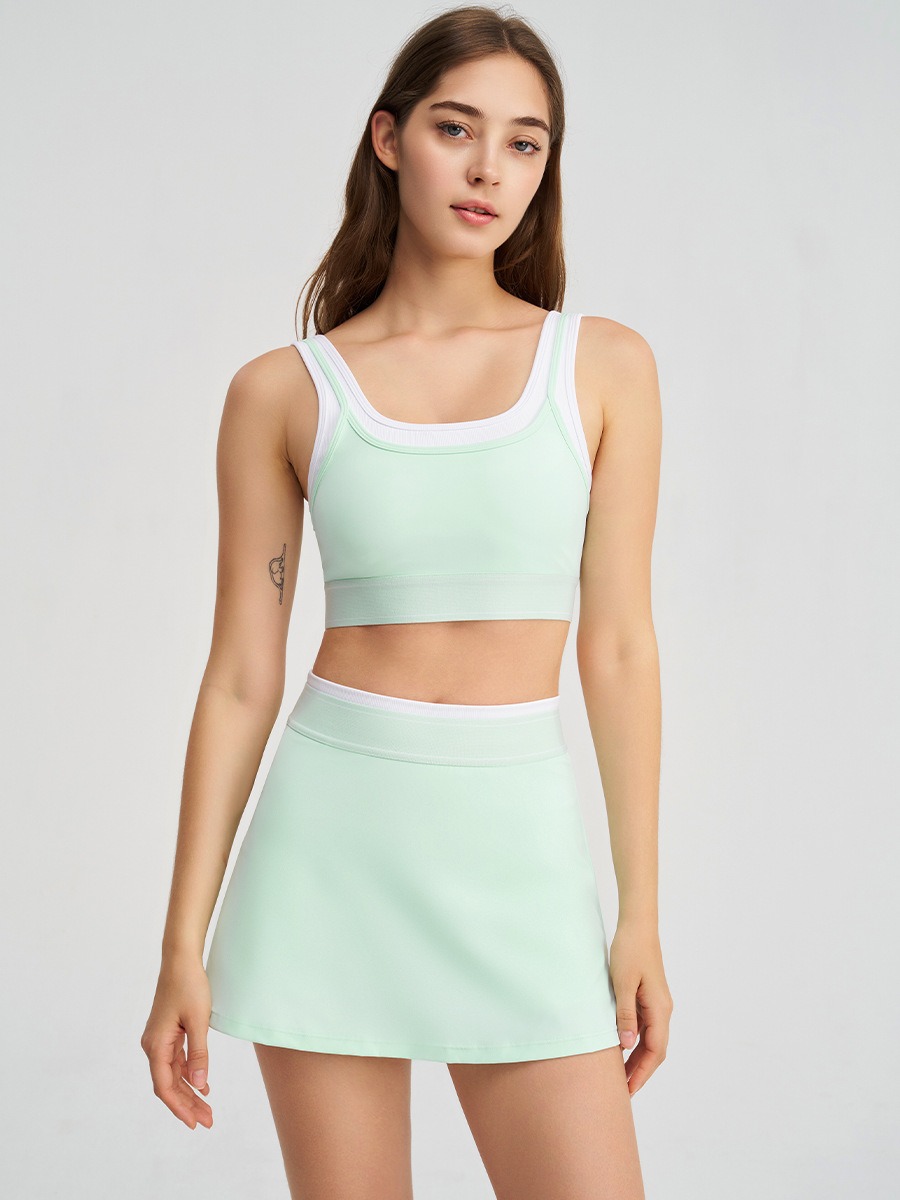 New Two-in-One Colorblock Strap Sports Bra with Skirt Women Yoga Tennis Running Workout Set