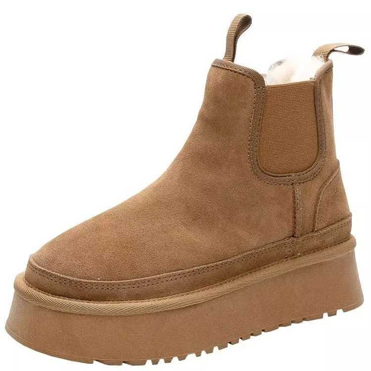 2024 Winter New Leather Thick Sole Chelsea Snow Boots Womens Fashion Allinone Thick Fleece Warm Snow Cotton Shoes L250905