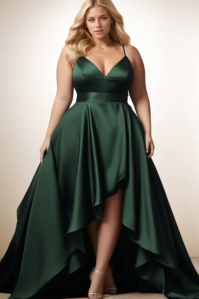 Women Plus Size Wedding Guest Evening Dress Spaghetti Strap Dark Green Satin Deep V Neck High Low Hem Elegant Cami Maxi 250905