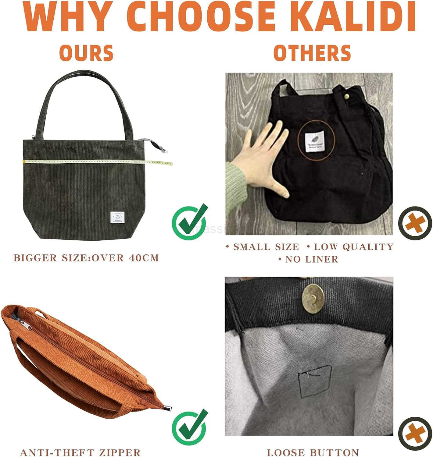Women Corduroy Tote Bag Zipper Casual Totes Handbag Big Capacity Shoulder Bag with Pockets M250910