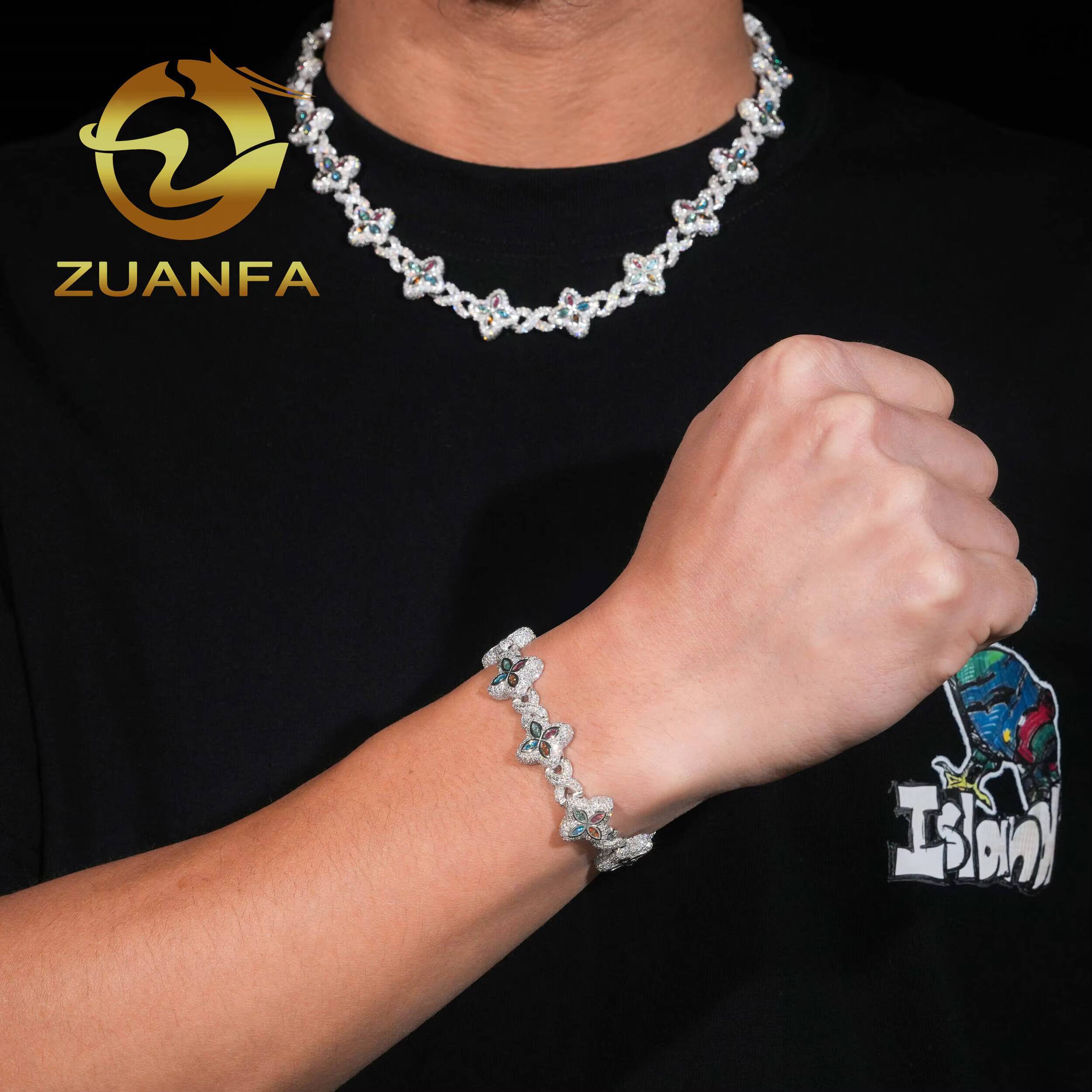 15mm Marquise Flower Hip Hop Jewelry 925 Silver Iced Out Unisex Color Moissanite Cuban Link Chain Set