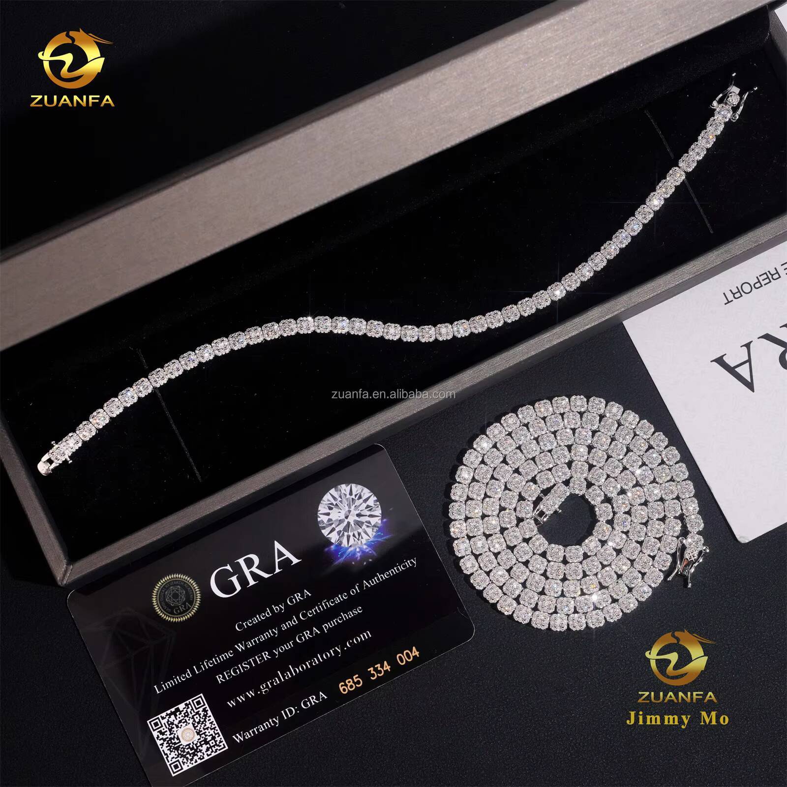 New Design Elegant Claw Setting 4mm 925 Solid Silver Hip Hop Jewelry D VVS Moissanite Diamond Cluster Tennis ChainBracelet Set