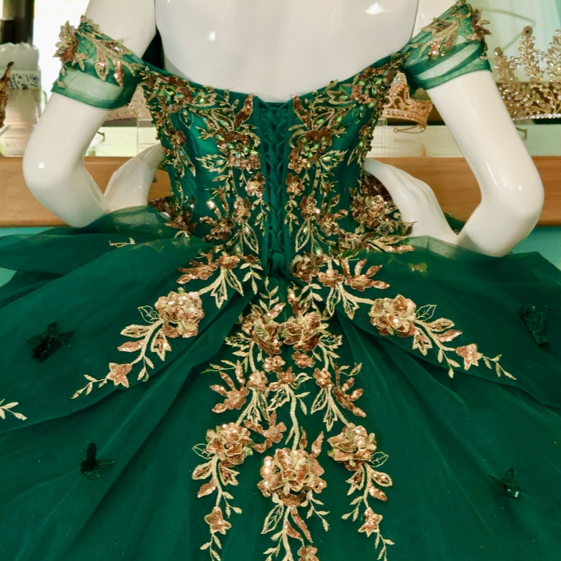 Green Shiny Quinceanera Dresses Off Shoulder Ball Gown Sweet 16 Dress Applique Flower Bow Beads Bow Tull Birthday Party Vestidos 15 De Anos