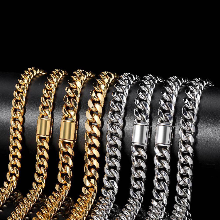 GZYS JEWELRY Wholesale 12mm Mens Cuban Stainless Steel Necklace 18k Gold Chain