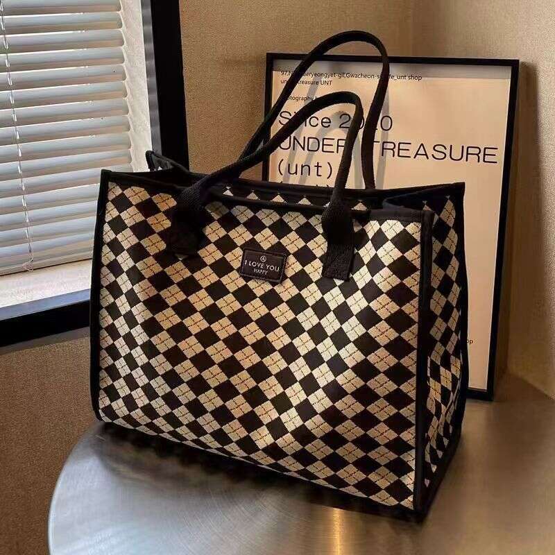 Canvas Women, Large Capacity Plaid Versatile Shoulder for Students, Commuting, Handbag, Tote, Mommy Bag