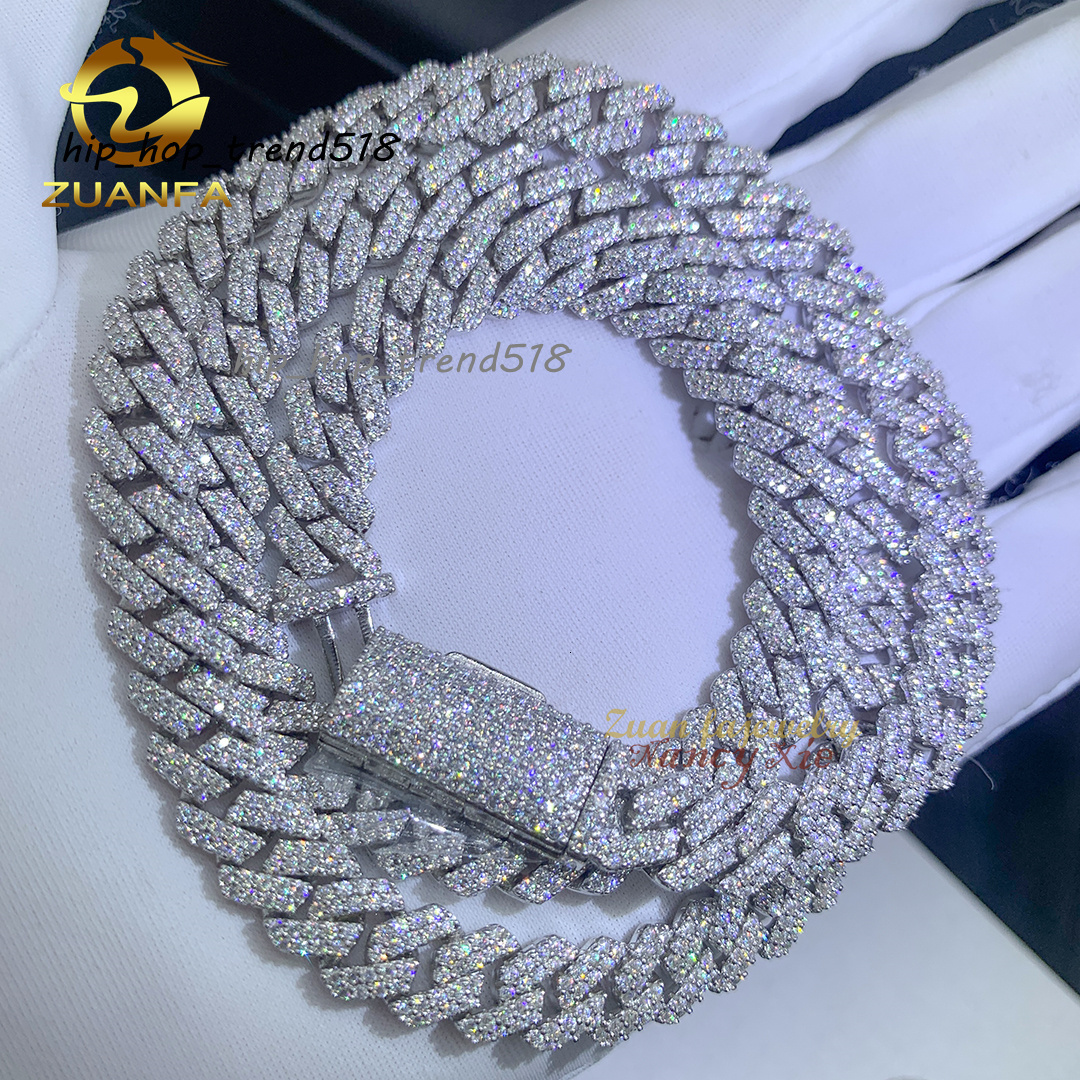 Hip Hop Men 8MM Prong Cuban Link Chain Necklace Bling Iced Out 2Row Moissanite S925 Silver Rhombus Cuban Necklace Jewelry