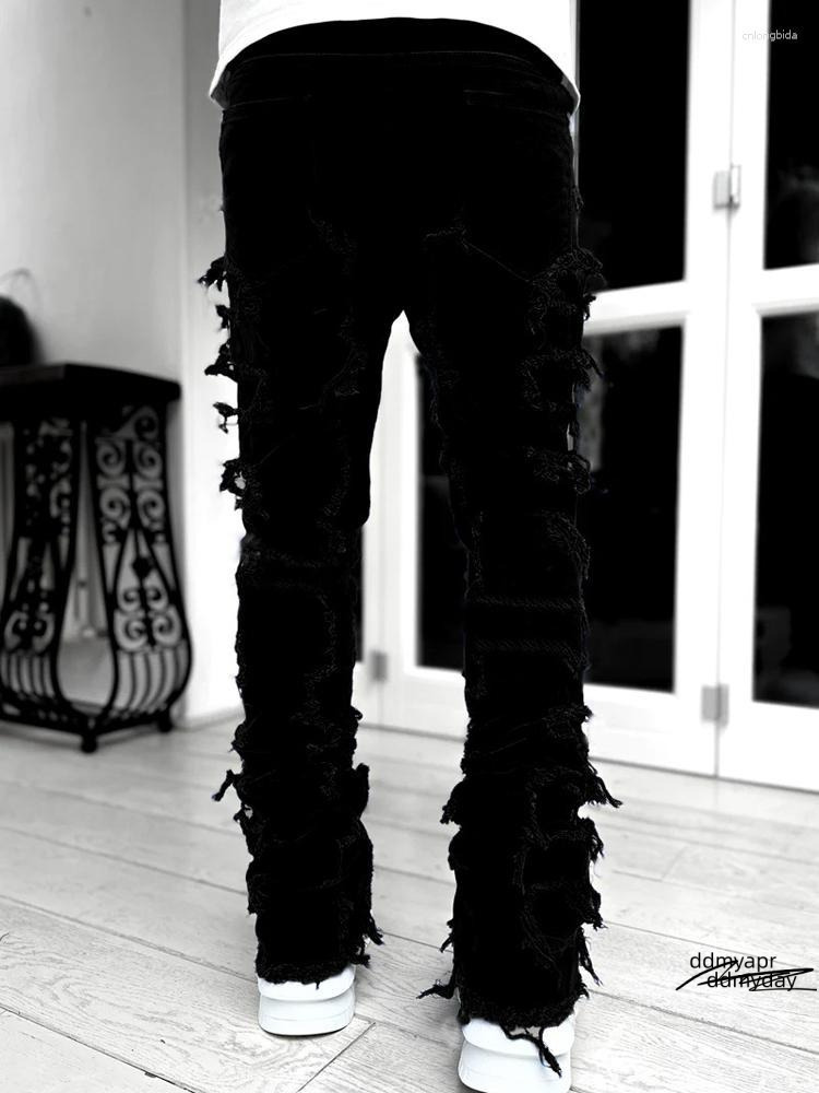 Men's Jeans Autumn Solid Fashion Mid Waist Patchwork Long ddmyday Pants Male Streetwise Stretch Patch For Men Bottom Baggy Clothing