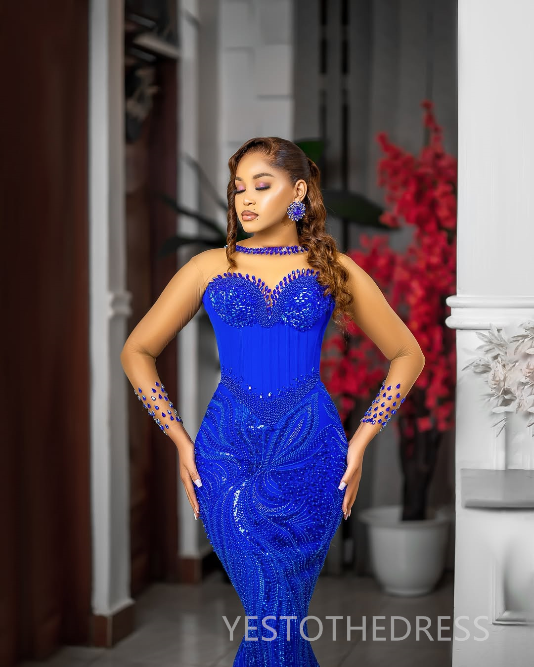 Aso Ebi Royal Blue Prom Dress 2025 Evening Dresses Elegant Dresses For Special Occasions Illusion Bead Lace Sheer Neck Birthday Dress Second Reception