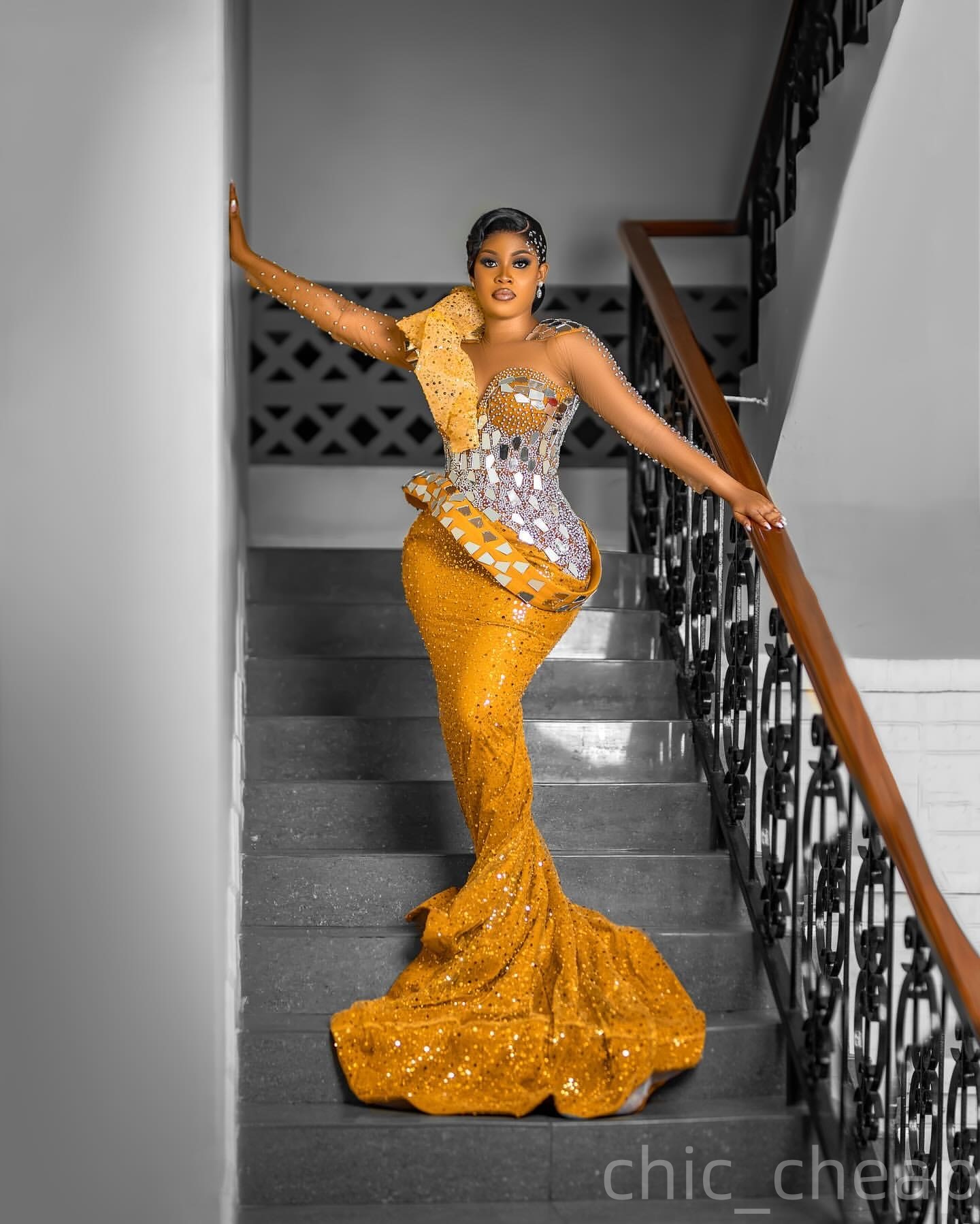 Aso Ebi Yellow Mermaid Prom Dresses 2025 Beaded Crystals Sequined Full Sleeves African Evening Formal Party Second Birthday Engagement Dress Gowns rob