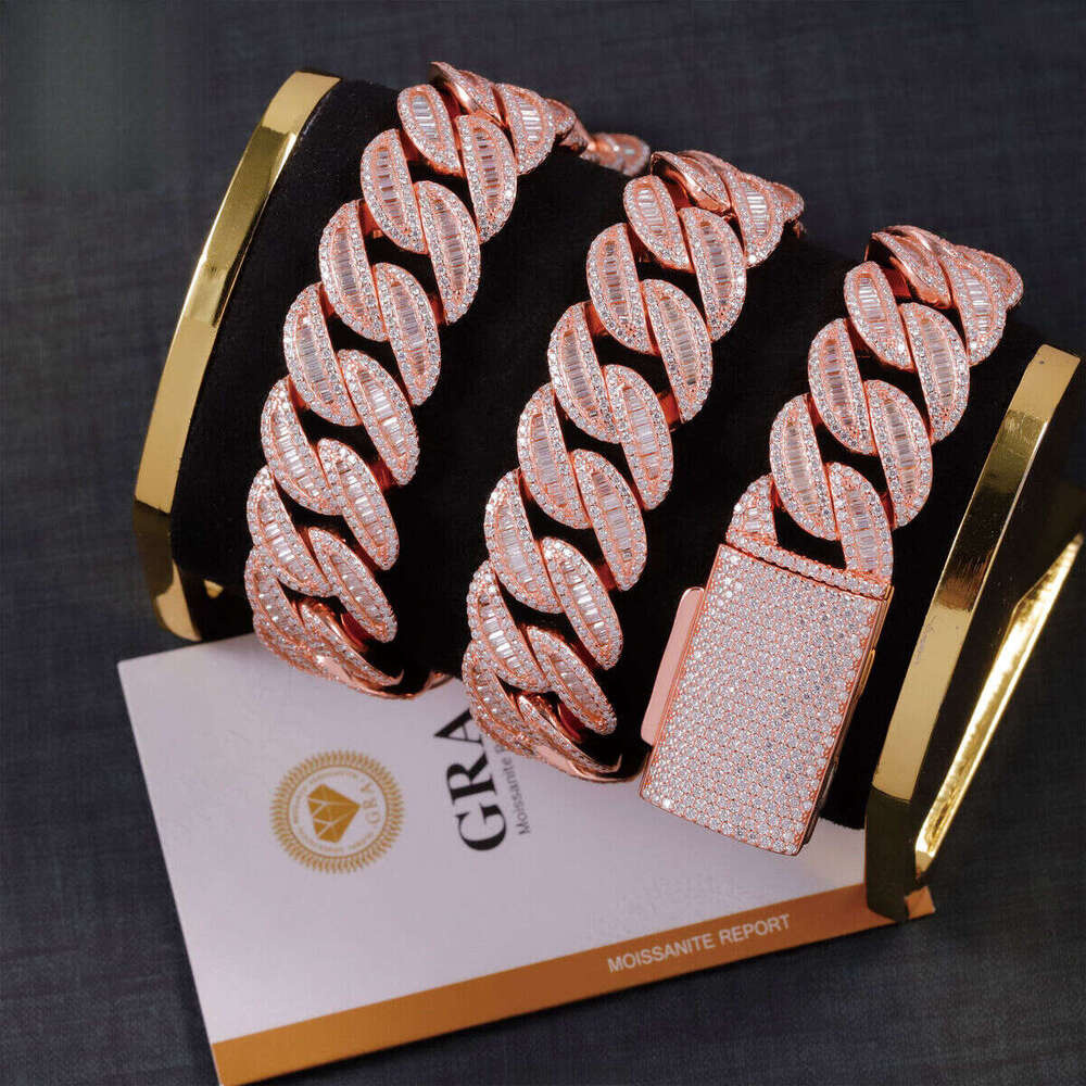 Hip Hop Iced Out Dia Necklace Gold Plated Baguette VVS Moissanite Cuban Link Chain for Men