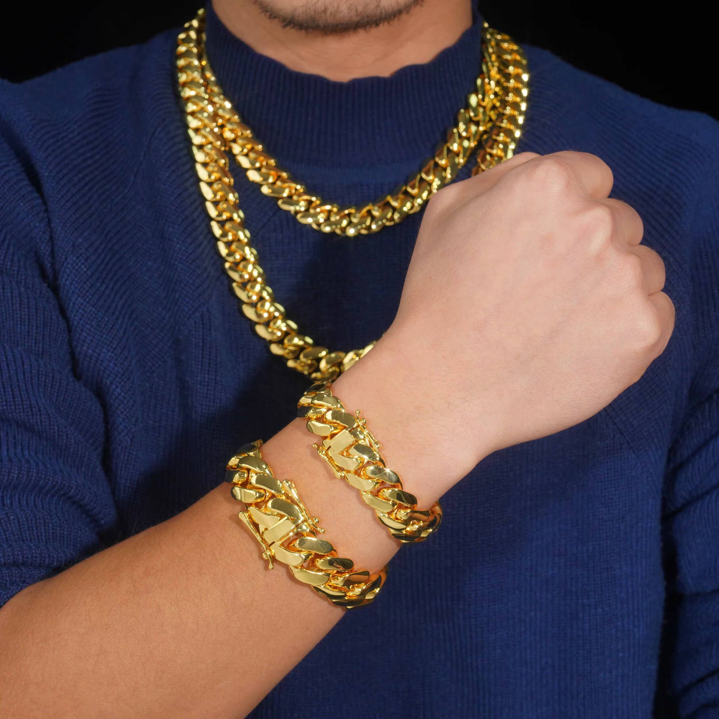 Fashion Jewelry 10121416182022mm Real Gold Plated Brass Big Cuban Link Miami Cuban Bracelet Ready to Ship Jewelry