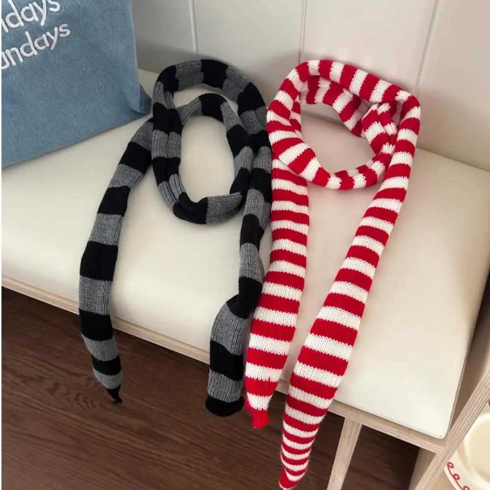 Red Stripe Soft Knitted Scarf Y2K Harajuku Knitted Long Scarves Korean Thick Warm Scarf Woman Decorative Neck Tie NeckerchiefXJ250905