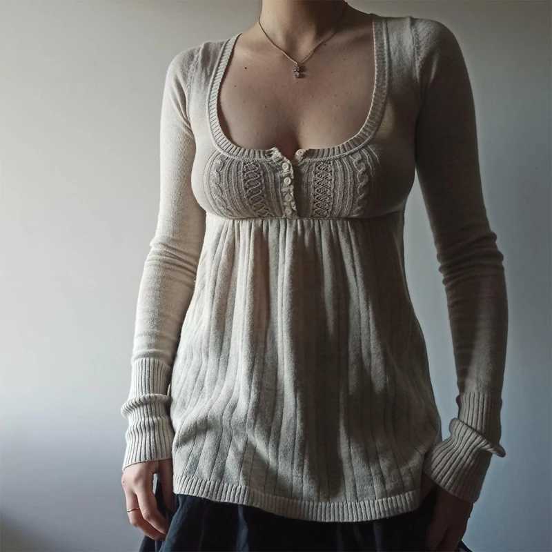 2000s Vintage Long Sleeve Babydoll Knitted Sweater Tops Cottage Milkmaid Pullovers Aesthetic Grunge Y2k Knitwear Tshirts Women Z250905