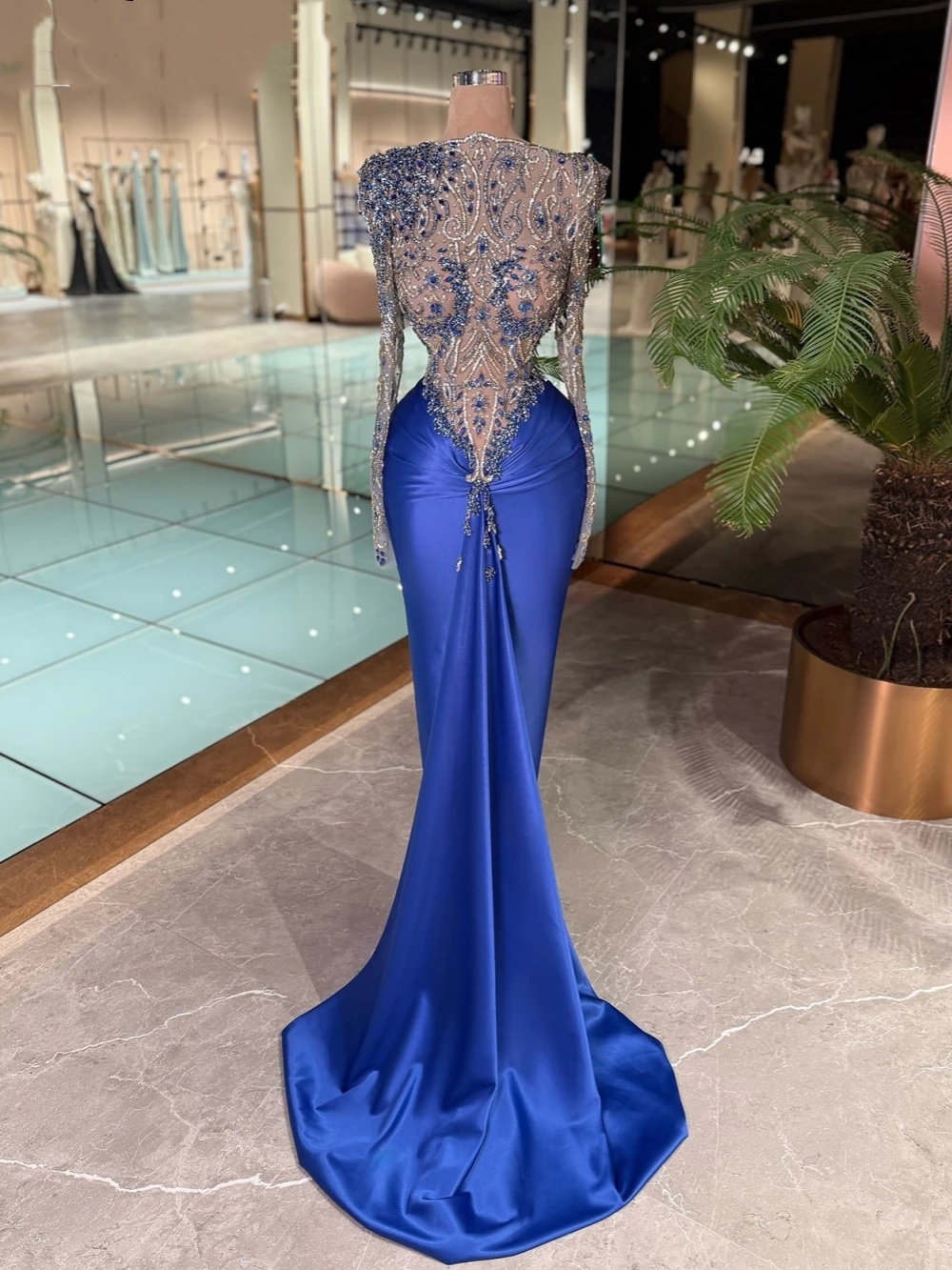 Fashion Evening Dresses Rhinestone Beading Prom Dress Illusion Long Sleeves Mermaid Princess Party Gowns Vestidos De Noche Plus Size