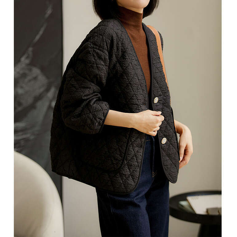 Design Sense Rhombus Lightweight Jacket Autumn Winter Cotton Short Coat Black Women's Clothing B5