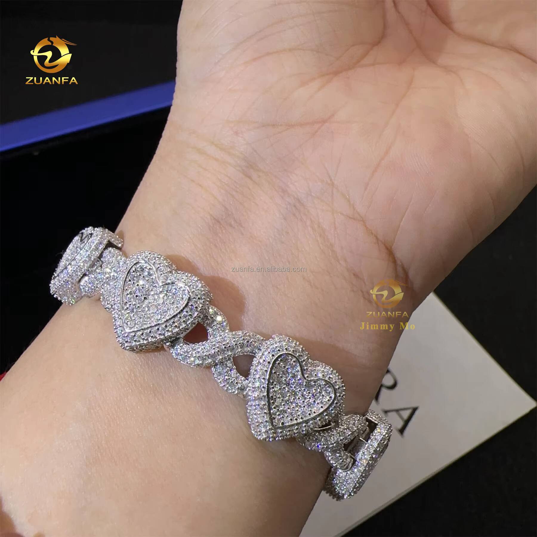 GRA Certificate Prong Setting Rhodium Plated White Iced Out Jewelry VVS1 Moissanite Diamond Heart Shape Hip Hop Cuban Bracelet