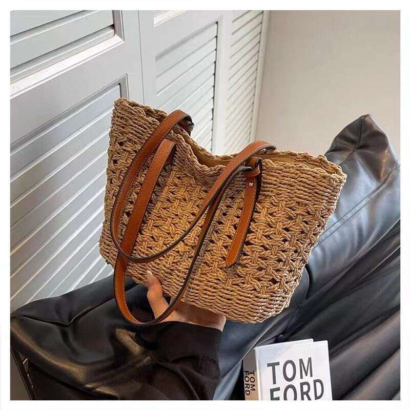 Women's Shoulder Vacation Beach Grass Tote Bag, Hand-Held Vegetable Basket, Fashionable Large Capacity Woven Bag