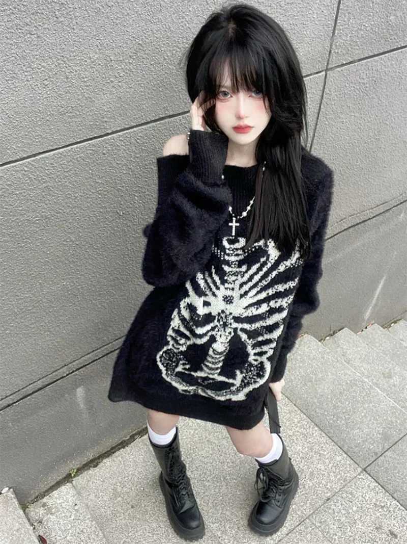 Womens Skull Print Harajuku Sweater Goth Top Aesthetic Black Pullover Harajuku Fashion Streetwear Top 2000 Z250905