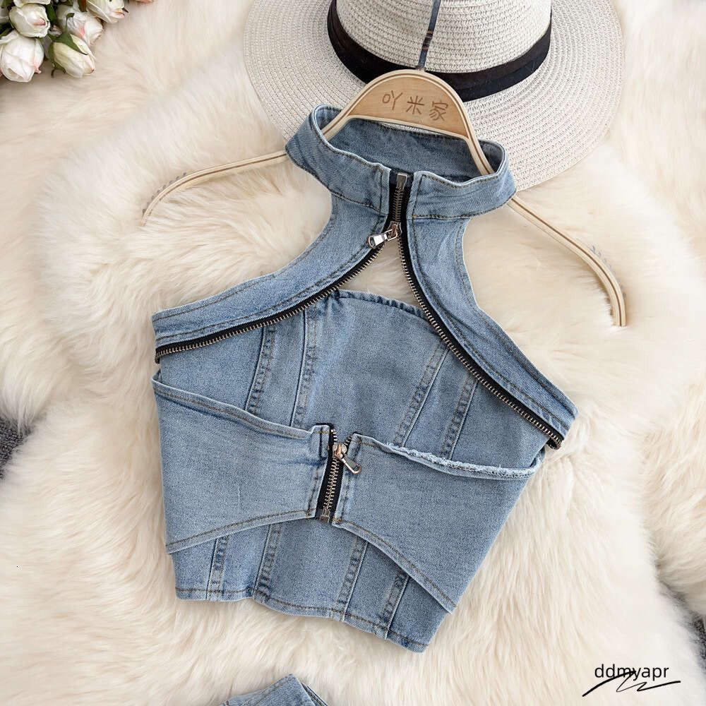 Fried Street Spicy Girl Cowboy Womens Summer New Hanging Neck Short Top Half Skirt Two Piece ddmyday Set ddmyday ddmyday