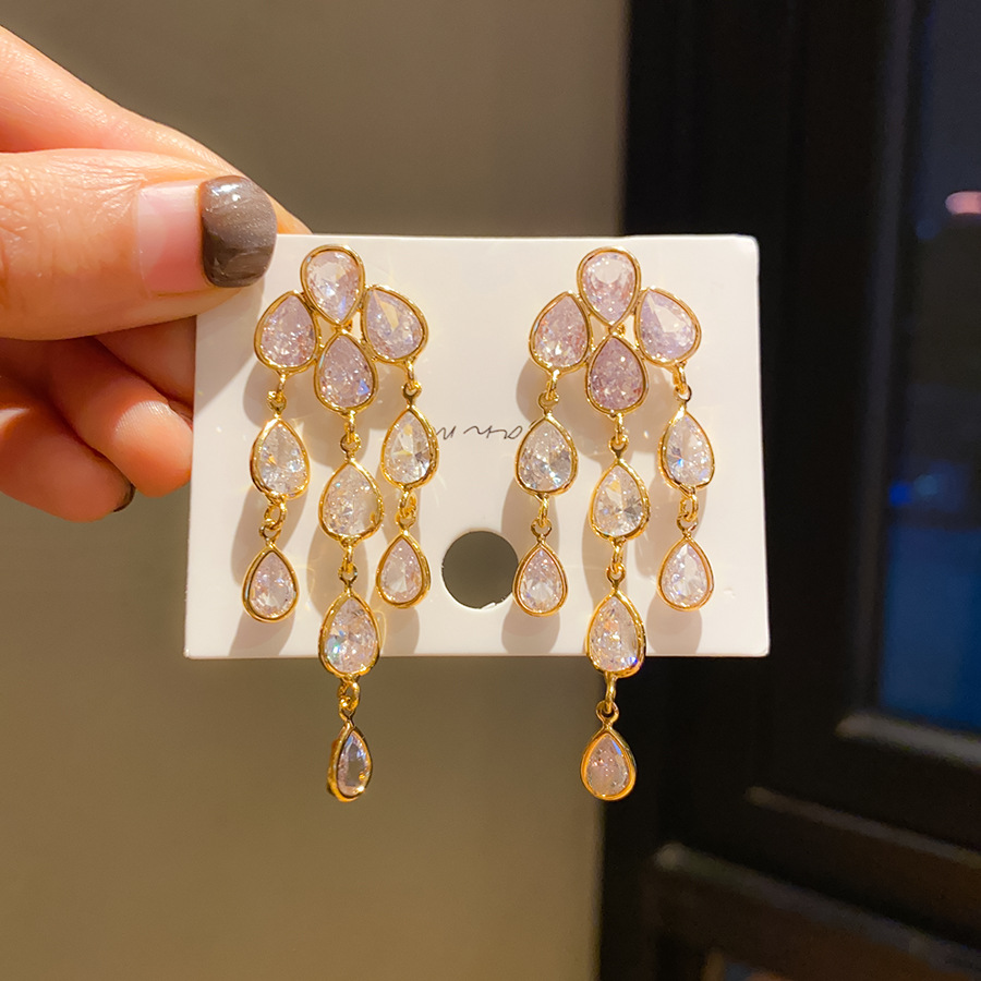 Gold Tone Teardrop Crystal Tassel Earrings With Layered Dangle Design Glamorous Sparkling Style Party & Formal Occasion Wear Gift For Her Luxe Stateme