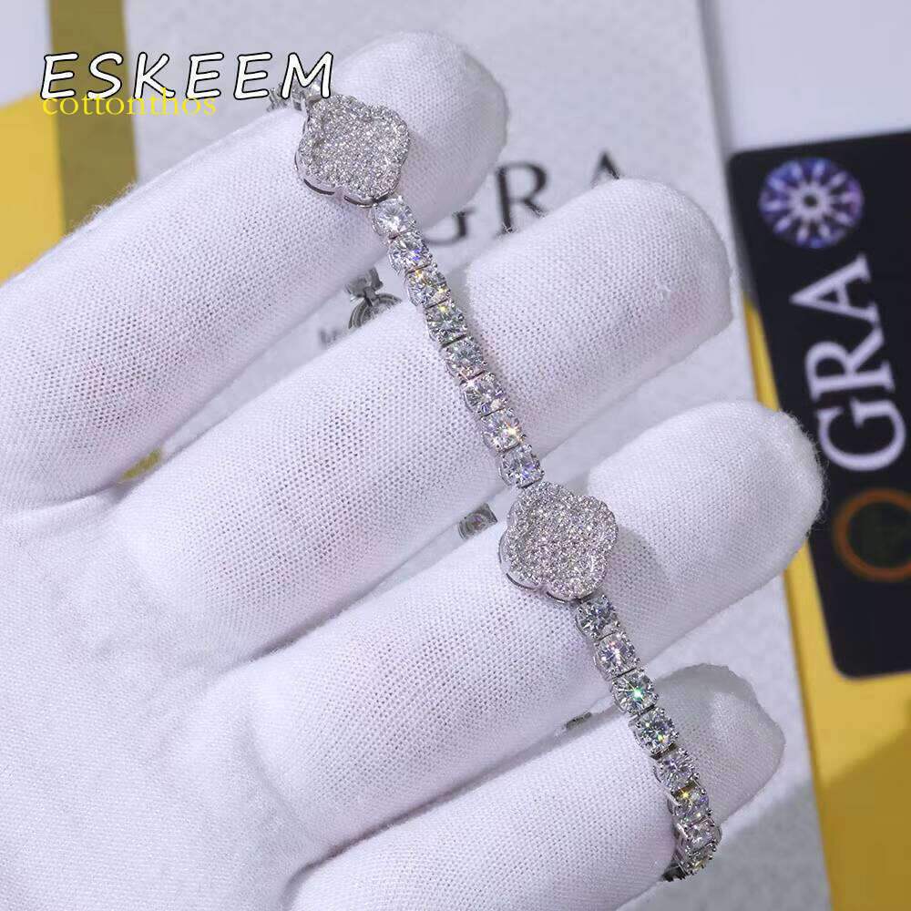 High Quality VVS Moissanite Four Leaf Clover Tennis Bracelet Sterling Sier Gold Plated Iced Out Women's Jewelry