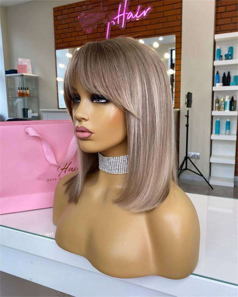 Platinum 13x4 Lace Front with Bangs STraight Dirty Ash Blonde Wigs Natural Roots High Heat Resistant Fibre Fringe Wig