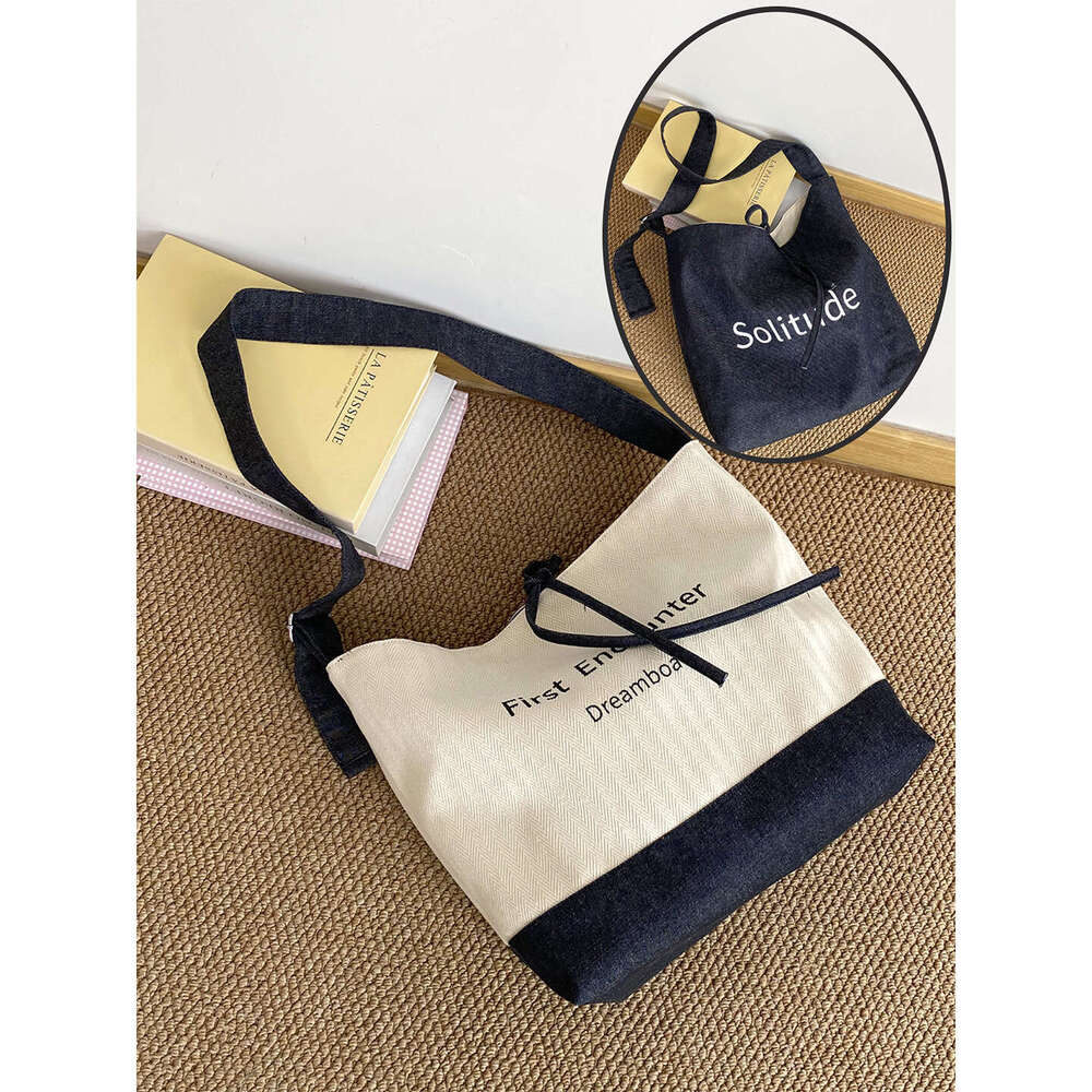 Summer New Canvas Denim Patchwork Adjustable Crossbody Reversible for Female Students Class Bag
