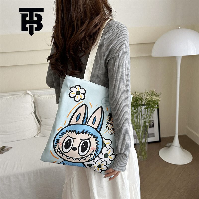 Fashion Labubu Printed Women's Canvas Bag Free Shipping Designer Luxury New Style Shoulder Bag Large Capacity Commuting Handbag Casual Shopping B