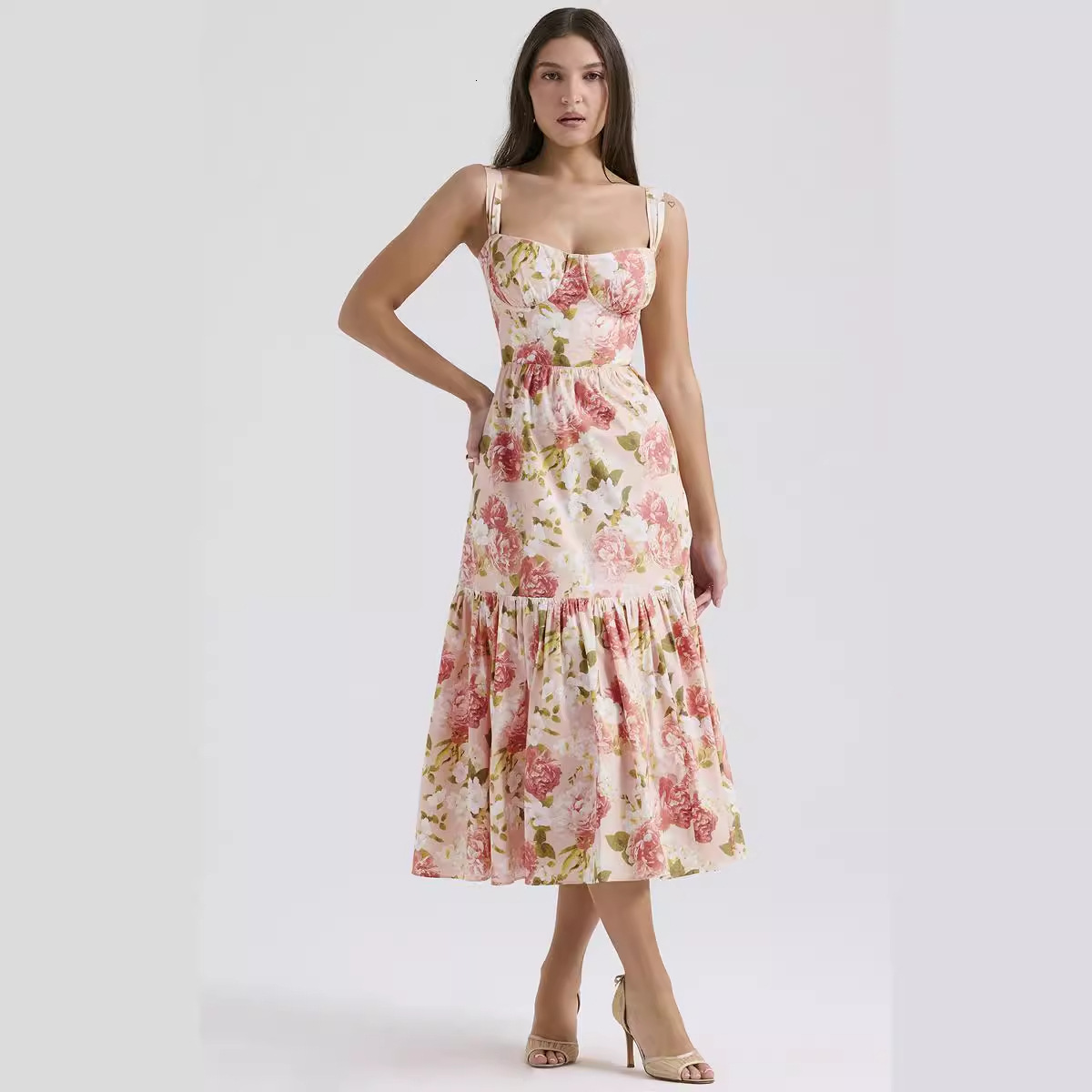 Womens Fashion 2025 Spring Summer New Sweet and Spicy Style Strap Solid Color Aline Floral Cake Dress