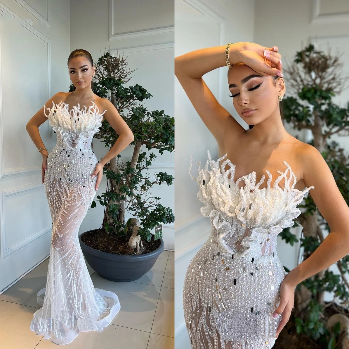 Luxurious Evening Dresses Sequins Pearls Appliques Gown Strapless Sleeveless Sweep Train Dress Party Customized Dress