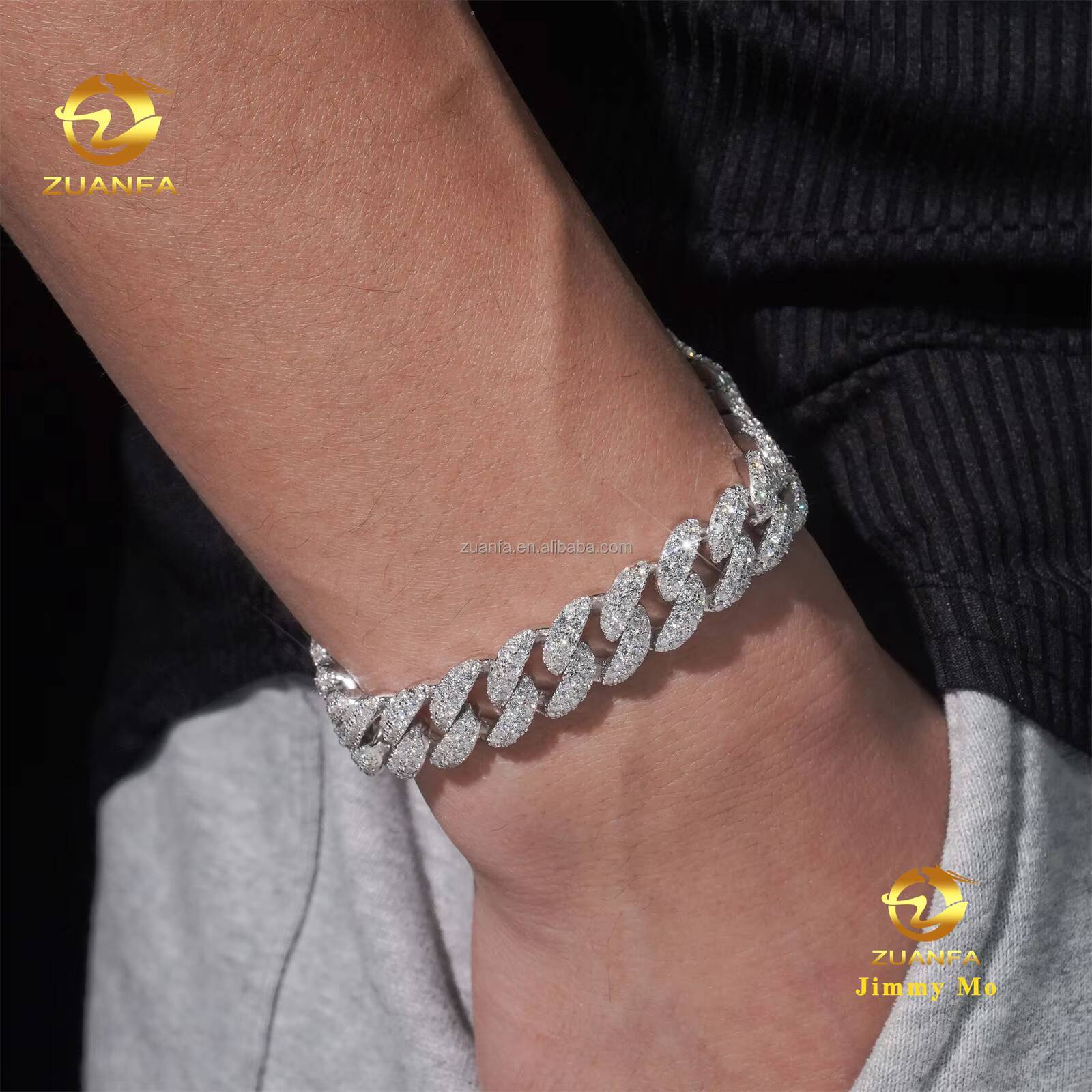 Hot Selling Bulk Stock Box Clasp 925 Solid Silver 12mm Two Rows Iced Out Hip Hop VVS1 Moissanite Diamond Miami Cuban Link Chain