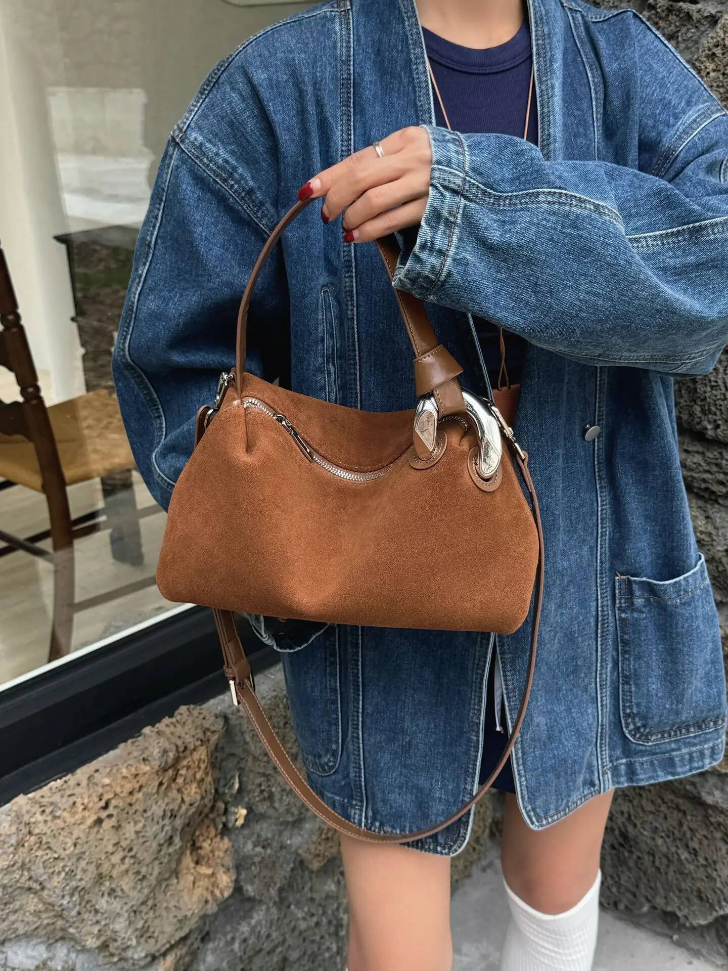 Women's genuine leather high-end nubuck suede handbag commuter shoulder crossbody bag niche design sense 2025 new