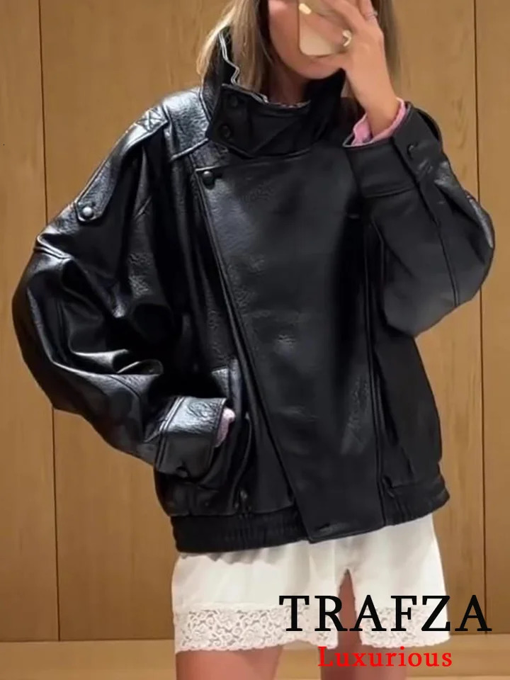 Casual Chic Black Leather Jacket Long Sleeve Buttons Elastic Oversized Coats Fashion 2025 Fall Streetwear 250905