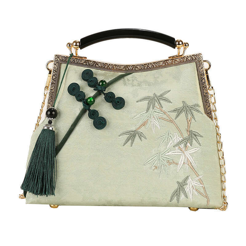 Rich Bamboo Embroidered Handbag Female Catwalk New Big Buckle Decorative Chinese Style Elegant Cheongsam Bag