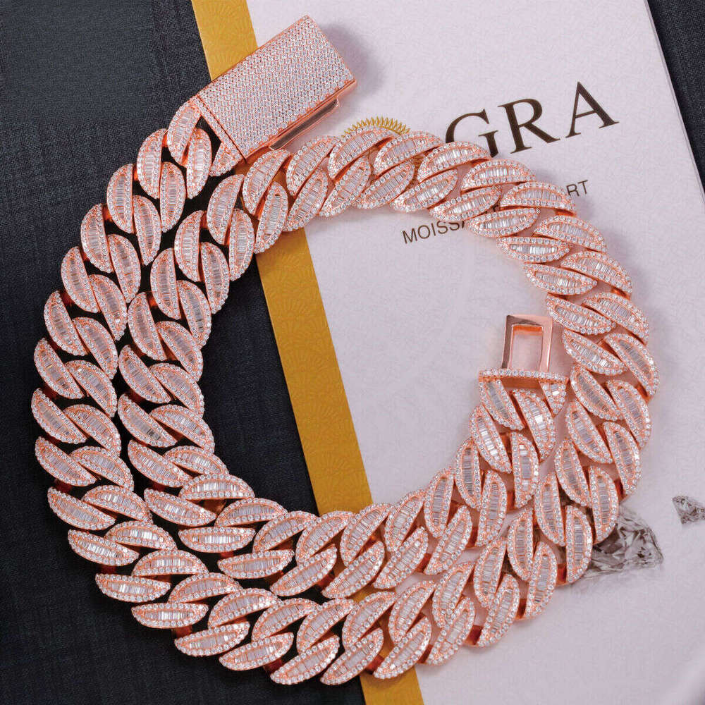 Hip Hop Iced Out Dia Necklace Gold Plated Baguette VVS Moissanite Cuban Link Chain for Men