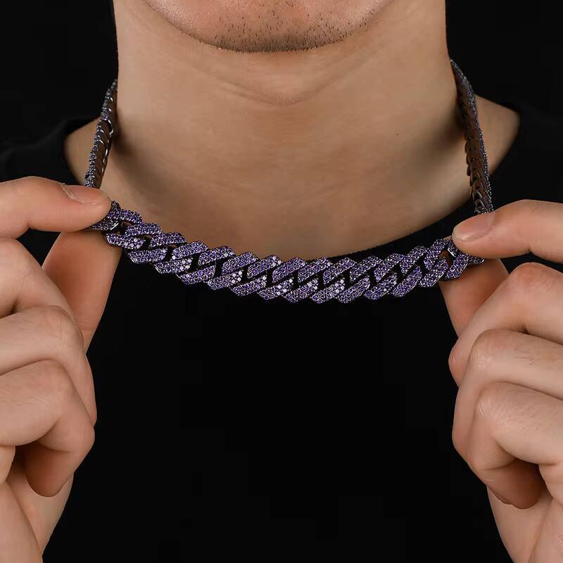 Hip Hop Jewelry 14mm Cuban Link Prong Diamond Chain Necklace and Bracelet Purple Stone