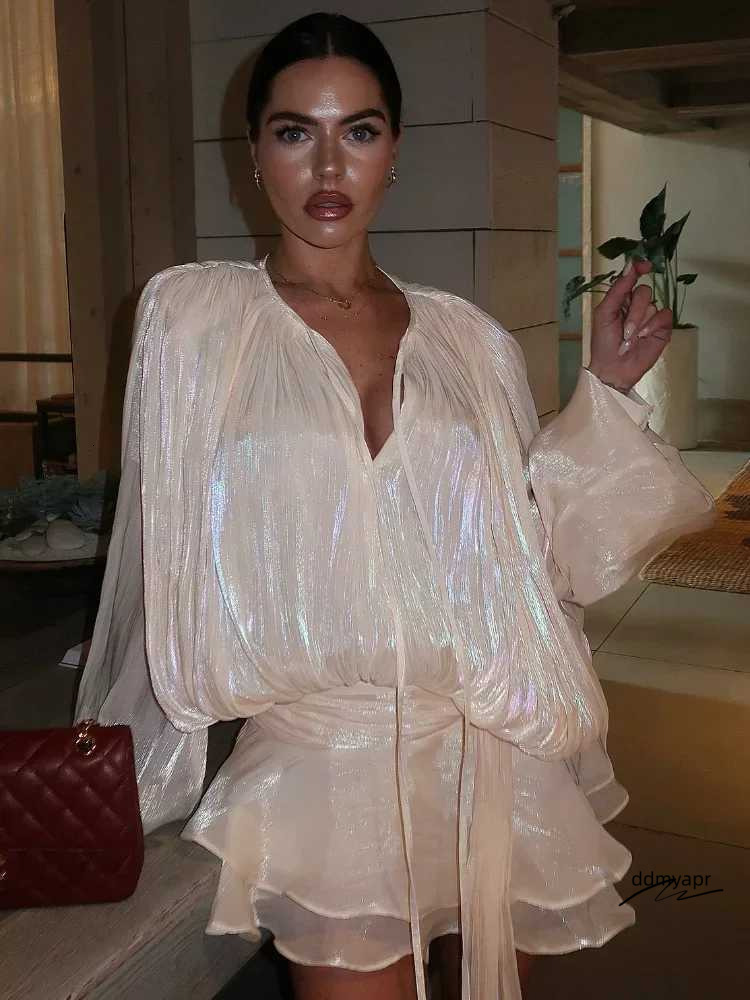 Fashion Mesh Layered Ruffle Dress Womens ddmydec Sexy Long Sleeve Lace Up Bodycon Mini Dresses 2025 Chic Summer Night Club Party Gown Xj250610