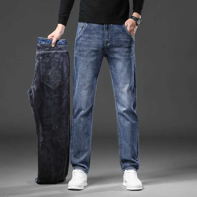 Retro Winter New Fleece Slim Stretch Jeans Fashion Warm Straight Casual Plush Thick Velvet Male Brand Denim Trousers W250905