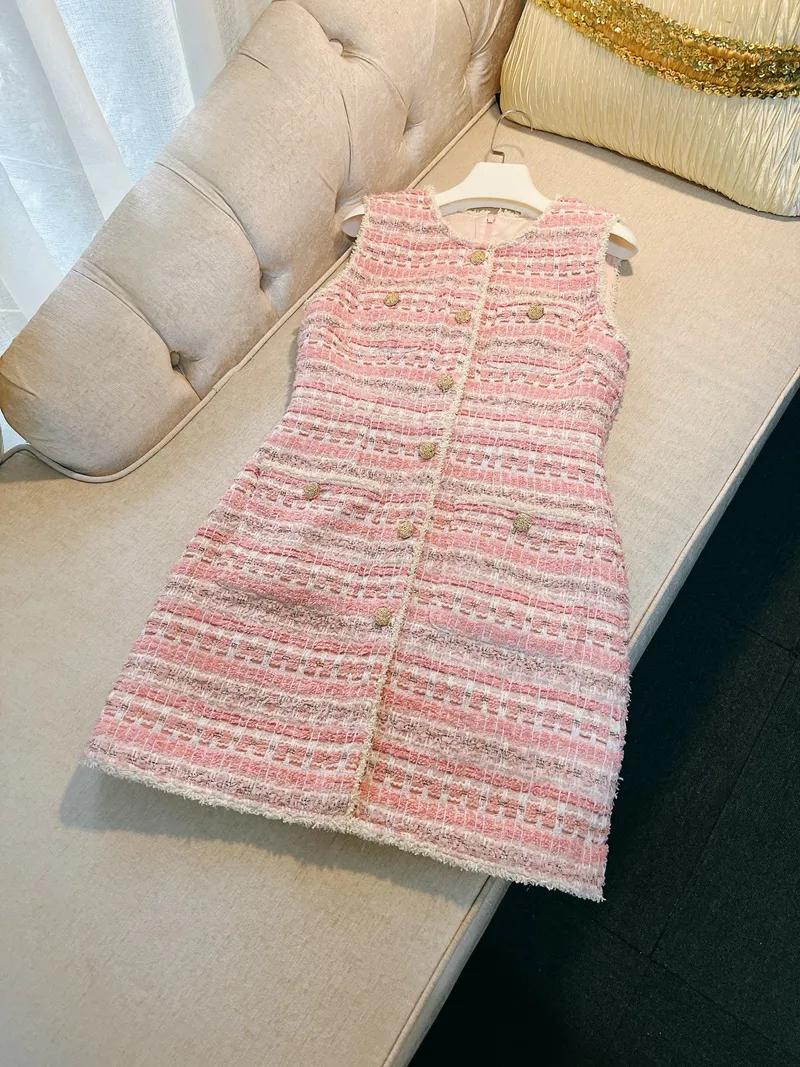 Two Piece Dress 2025 Summer Pink Tweed Set Elegant Sleeveless Vest & A-Line Skirt Co-ord Korean Luxe Two-Piece Suit Rich Girl Matching