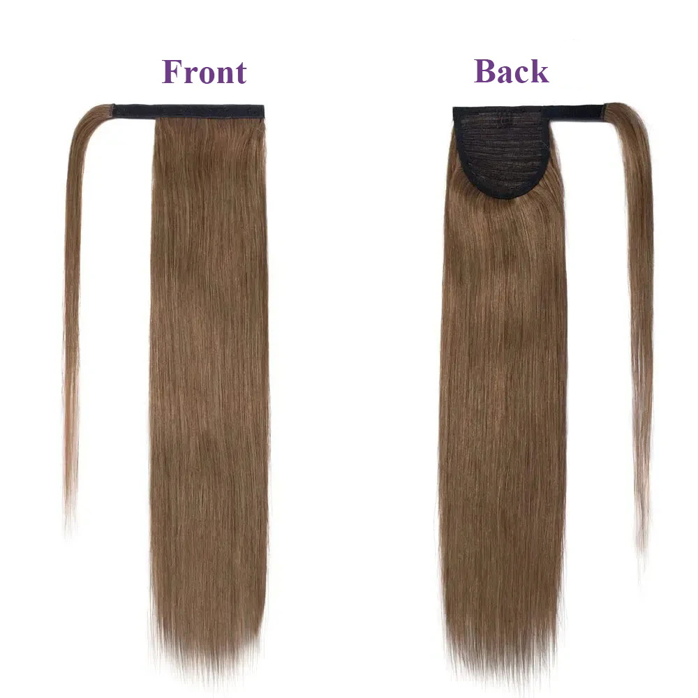 Straight Ponytail Extensions Medium Brown #6 Wrap Around Pony tail With Clips Easy Install 120G Brazilian Human Hair Extensions