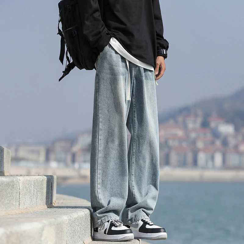 Mens loose straight leg pants for summer lightweight washed waist breaking elastic casual jeans denim pants comfortable W250905