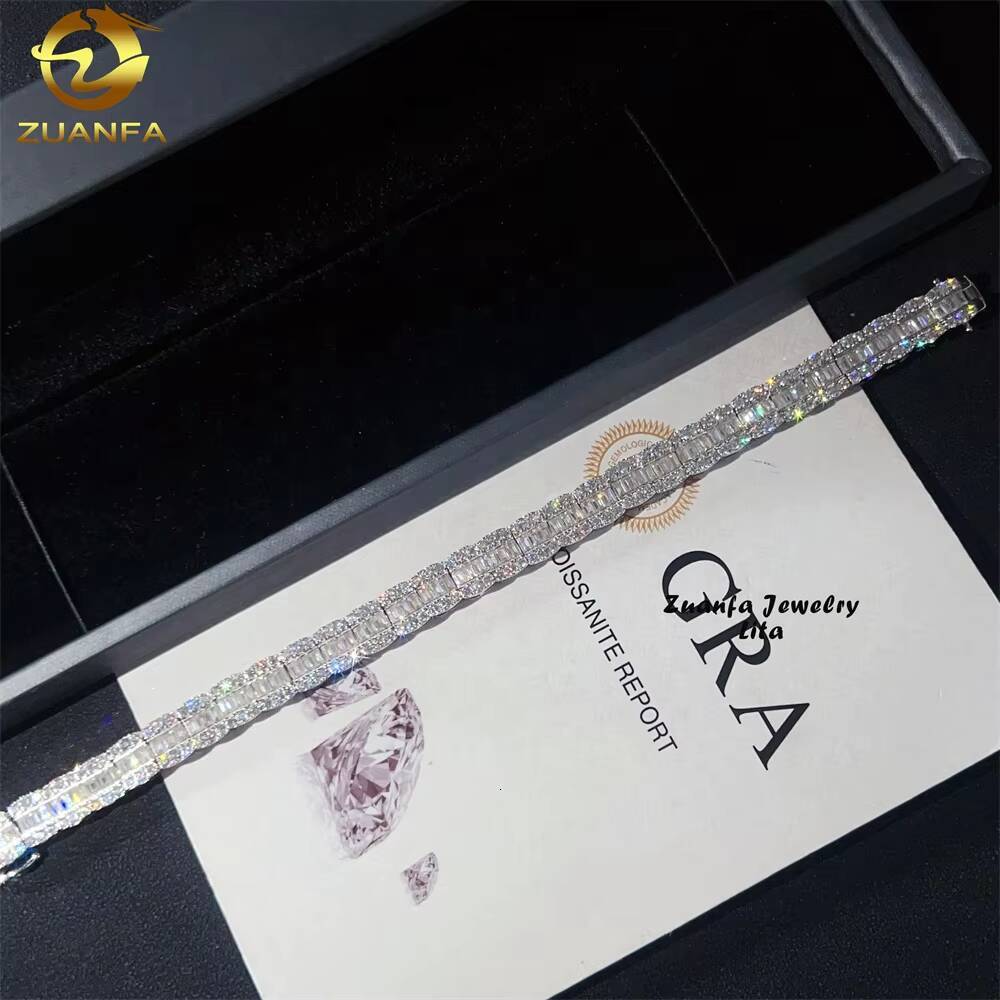 Fashion Popular Baguette Design 925 Silver 8mm Width Iced Out D Color VVS Moissanite Cuban Link Bracelet