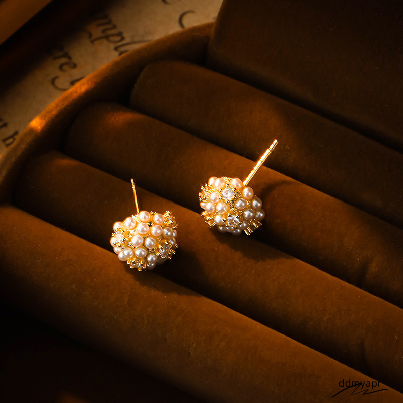 New Micro-Inlaid Pearl Ball ddmyday Stud Exquisite Super Shiny Versatile Personality Earrings Fashion High-End Light Ear Jewelry
