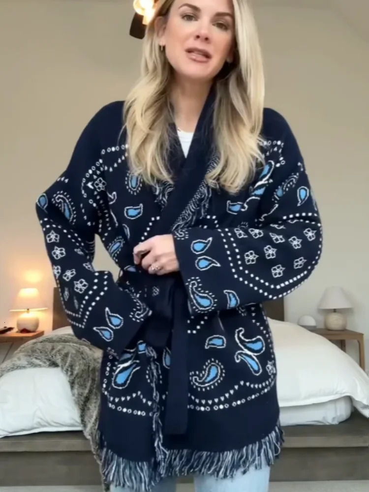 Tassel Patchwork Printed Cardigan Women Geometric Patterns Belts Vneck Long Sleeve Knitted Street Lady Sweater 2025 Autumn Coat250905