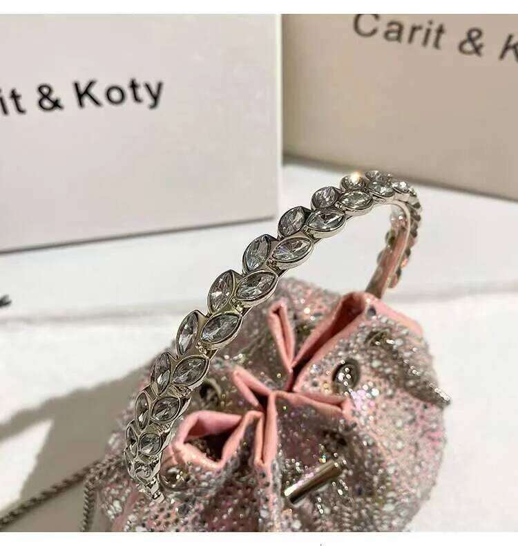 Glitter Shiny Dias Evening Metal Ring Handle Bucket Women Handbag Wedding Party Clutch Purse Shoulder Crossbody Bag