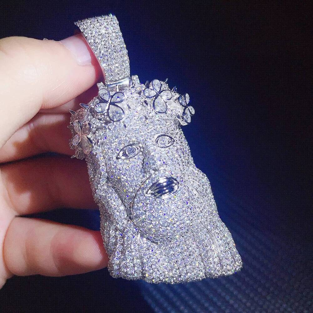 Luxury Ice Out Jewelry Silver 925 Mens Vvs Diamond Jesus Head Pendant Moissanite Hip Hop Jesus Pendant
