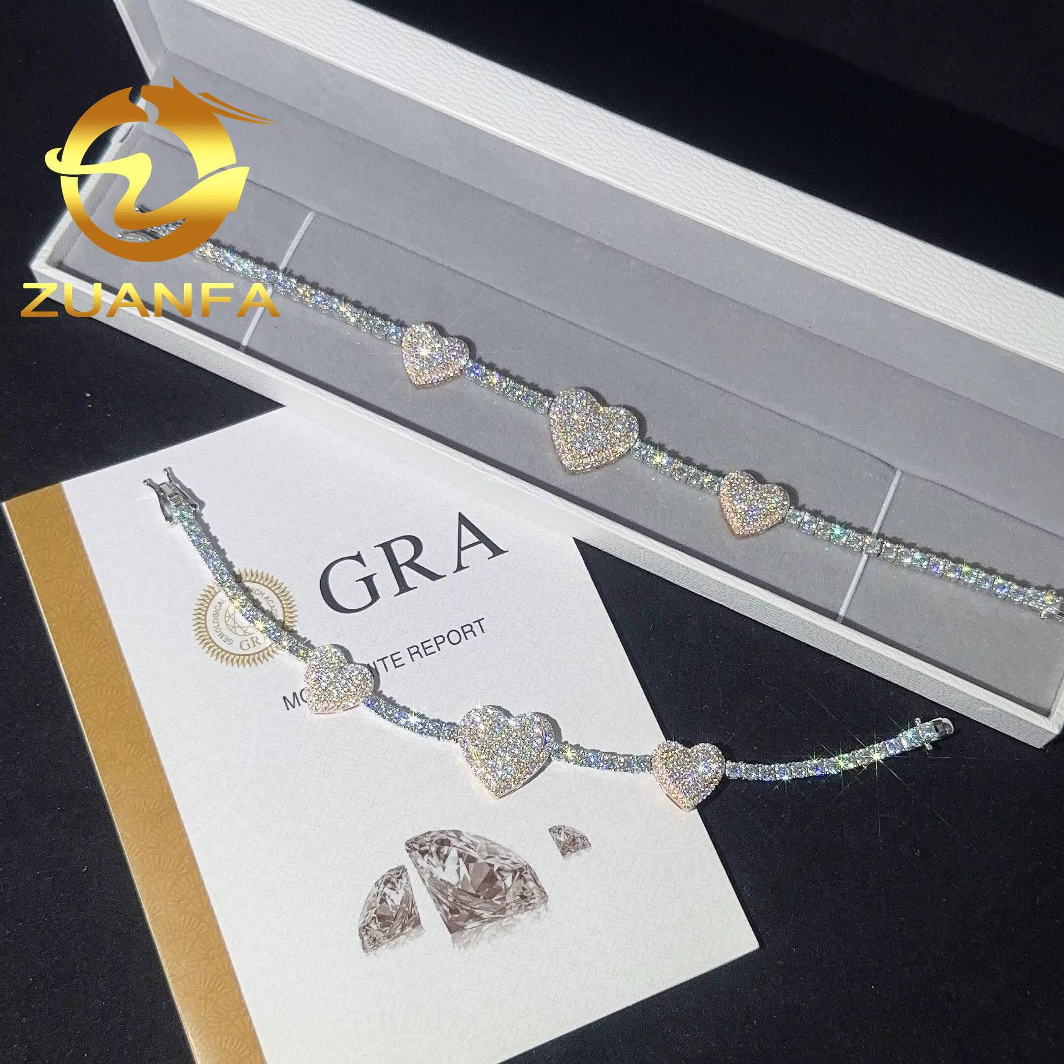 Trendy Rapper Hip Hop Jewelry VVS 3mm Moissanite Tennis Chain Bracelet With 3 Heart Silver 925 Iced Out Bracelet Best Gift