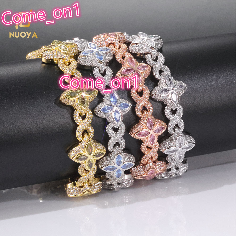 Iced Out Hip Hop Jewelry 8mm Diamond Flower Chain Four Leaf Clover Bracelet Silver Gift for Anniversary Party