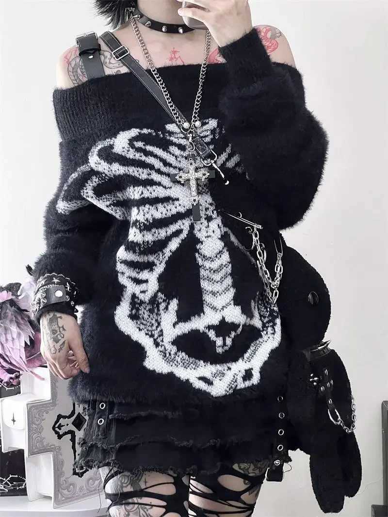 Womens Skull Print Harajuku Sweater Goth Top Aesthetic Black Pullover Harajuku Fashion Streetwear Top 2000 Z250905