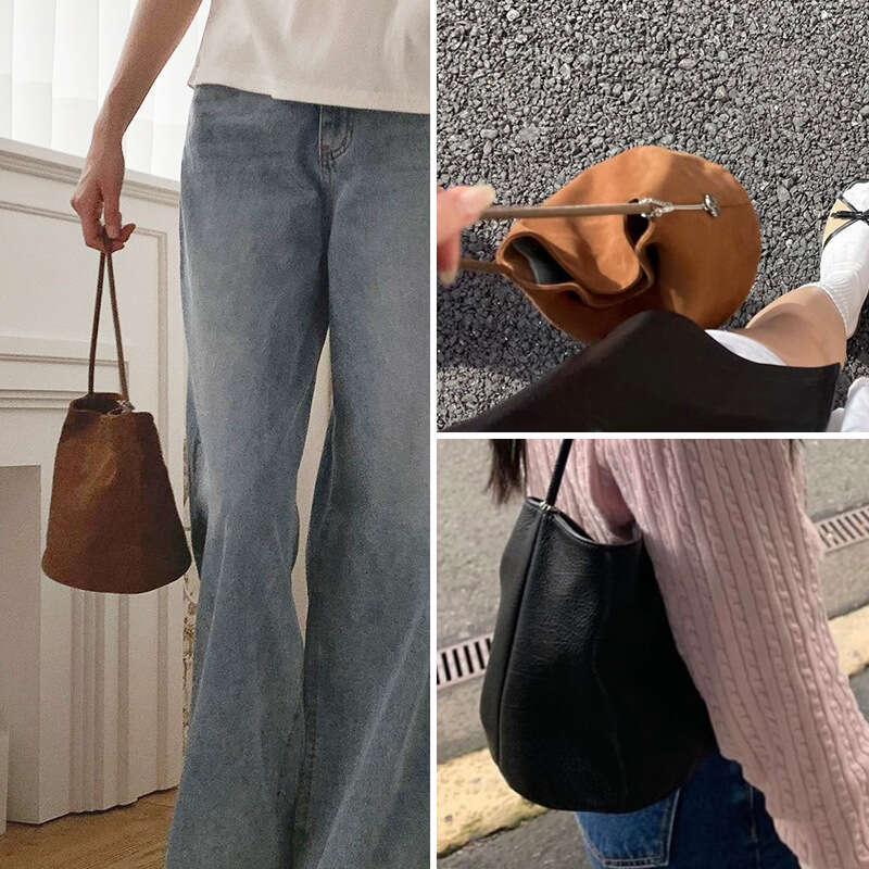 Korean Niche Custom Made Full Show Lin Cowhide Bucket Genuine Leather Bag Handbag Wide Shoulder Strap